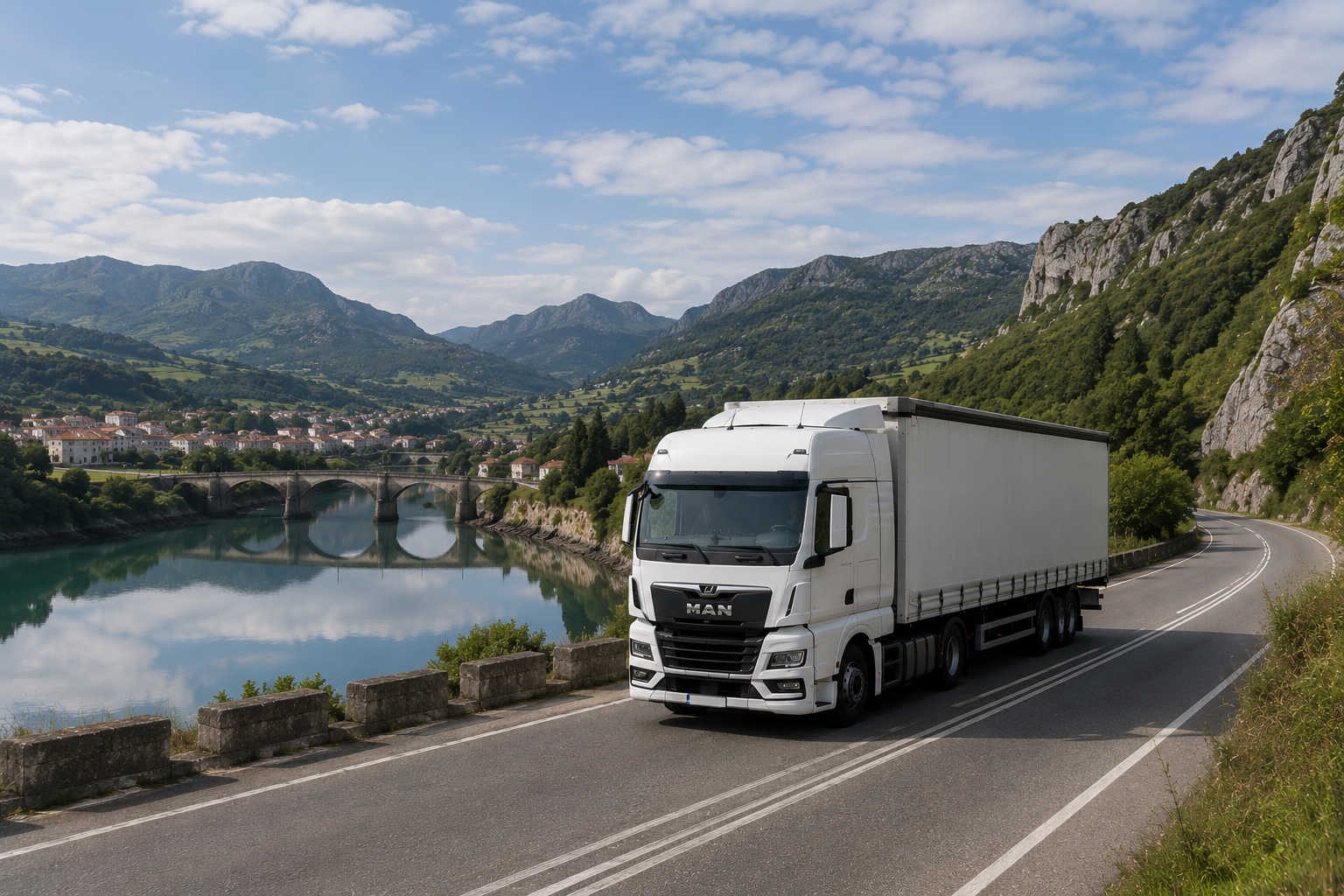 Tráiler MAN TGX de Transportes Marcelino Vega por un valle de Cantabria