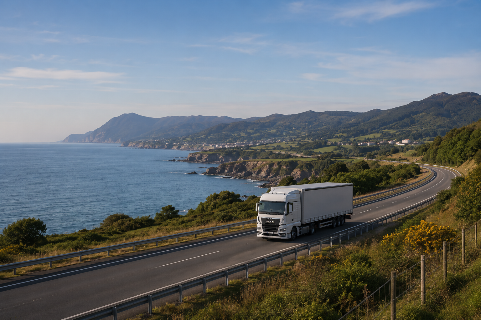 Tráiler MAN TGX de carga general en la autovía de la costa cántabra